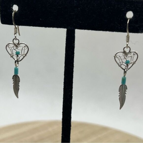 Sterling silver 925 Dreamcatcher heart feather turquoise drop dangle earrings - Picture 5 of 5